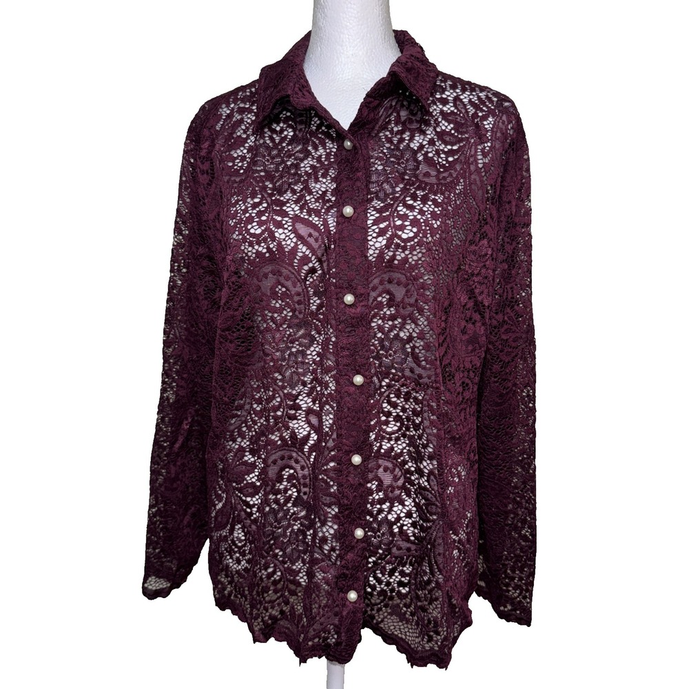 Chico's SZ 3 XL Burgundy Floral Lace Blouse Romantic Pearl Button Mesh Shirt